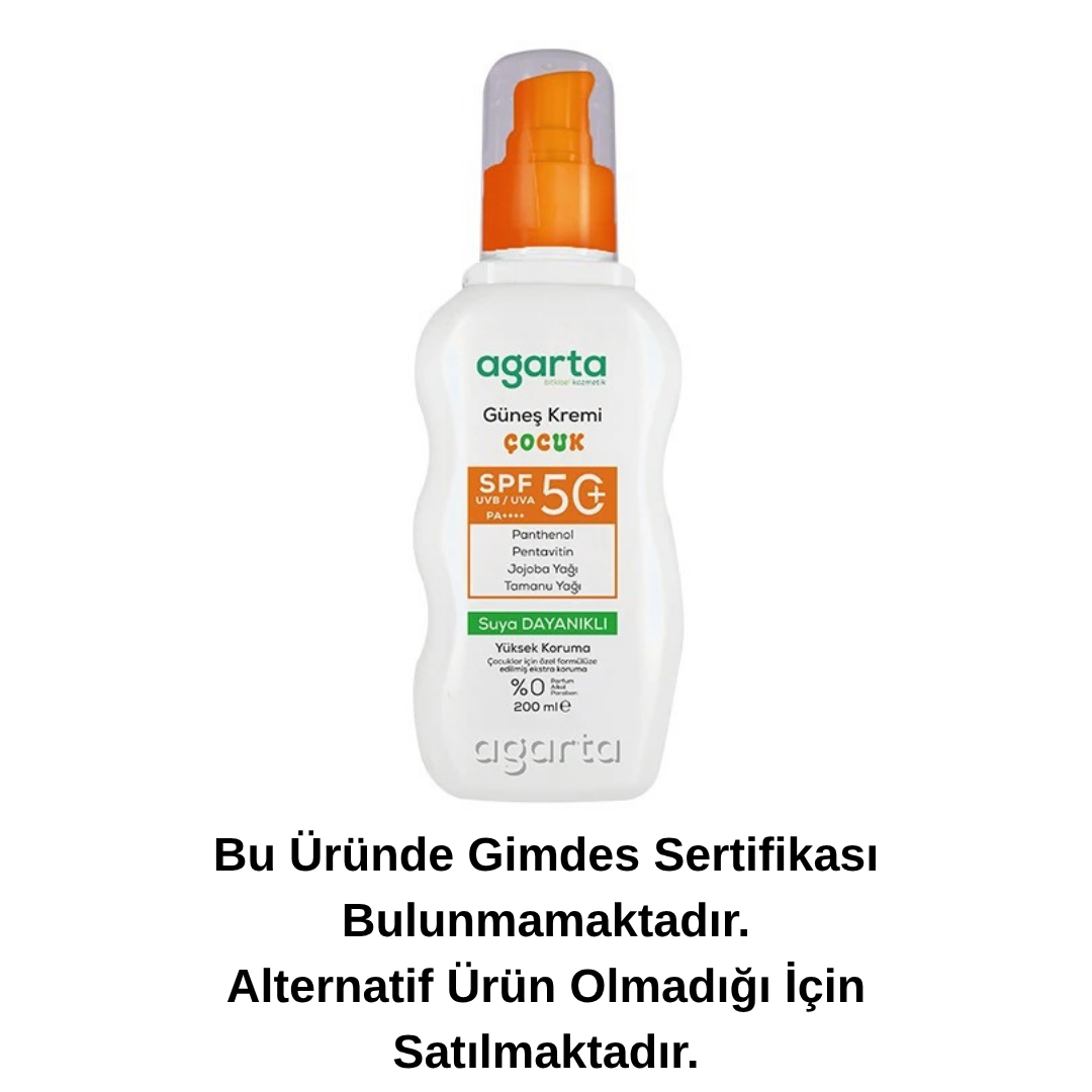 Agarta Suya Dayanıklı Yüksek Koruma SPF 50+ Yüz Vücut Güneş Koruyucu Kids 200 ml