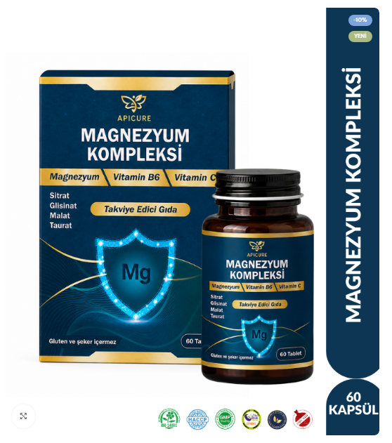 Apideva Apicure Magnezyum Kompleksi, Vitamin B6 ve Vitamin C, 60 Tablet